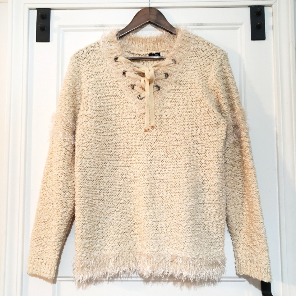 Ethyl Womens M Boucle Knit Lace Up Pullover Sweater Beige Eyelash Fringe Accent